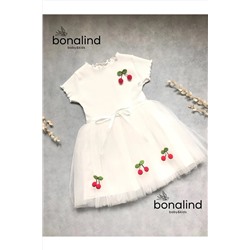 bonalind Üstü Ribana Kumaş Altı Astarlı Beyaz Tüllü Kirazlı Kız Çocuk Elbise Kirazlı Tüllü Beyaz Elbise