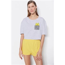TRENDYOLMİLLA Sarı Baskılı Pamuklu T-shirt-Şort Örme Pijama Takımı THMSS21PT0734