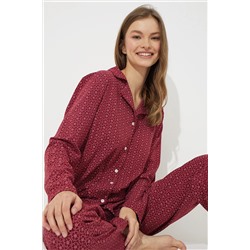 Siyah İnci Bordo Pamuklu Düğmeli Pijama Takımı 7611
