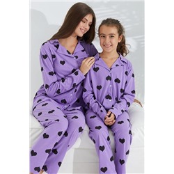 Siyah İnci lila kalp desenli Pamuklu Düğmeli Pijama Takımı 7692