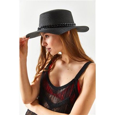 Olalook Kadın Siyah Zincir Detaylı Hasır Şapka ŞPK-00000003