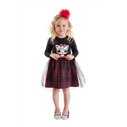 Denokids Kokoş Kedi Tüllü Ekose Siyah Kırmızı Kız Çocuk Elbise CFF-20K1-035