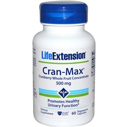 Life Extension, Cran-Max, клюквенный цельнофруктовый концентрат, 500 мг, 60 растительных капсул
