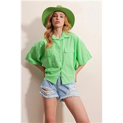 Trend Alaçatı Stili Kadın Yeşil Çift Cepli Yarım Kol Keten Gömlek ALC-X9991