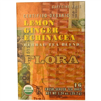 Flora, Смесь травяного чая, органические лимон, имбирь и эхинацея, без кофеина, 16 пакетиков, 35,2 г (1,24 унции)