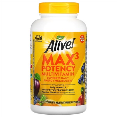 Nature's Way Alive! Max3 Potency Multivitamin, No Added Iron, 180 Tablets