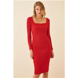 Happiness İstanbul Kadın Kırmızı Kare Yaka Fitilli Örme Elbise GT00055