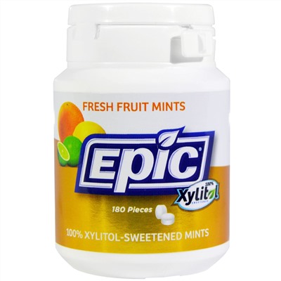 Epic Dental, Подслащенные 100%-ным ксилитом мятные таблетки со вкусом свежих фруктами, 180 шт.