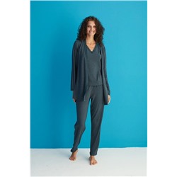 Meba Kadın Dantelli Sabahlıklı 3'lü Zümrüt Haki Yeşil Pijama Takımı Çeyiz Set 3018