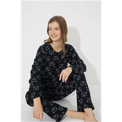 Siyah İnci Siyah Ayıcık Desenli Pamuklu Pijama Takımı 7613