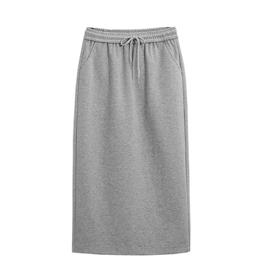 Прямая юбка женская средней длины, осенняя, новый стиль, серая, с высокой талией, с разрезом