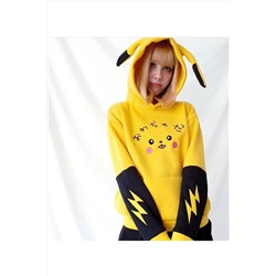 Black Fashion Pikaçu Pokemon Desenli Kulaklı Içi Polarlı Sweat Pikachu moylavsweat
