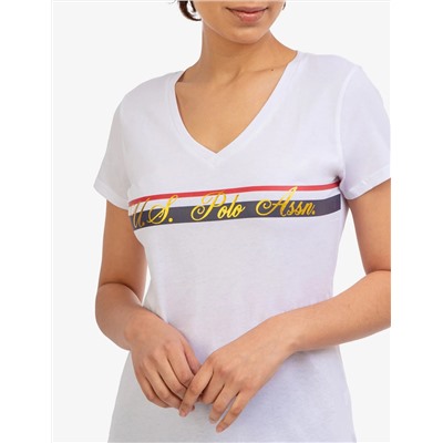 V-NECK STRIPE FOIL GRAPHIC T-SHIRT