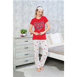 Moda Panda Kalp Desenli,pamuklu Kumaş,uyku Bandı Hediyeli Kadın Pijama Takımı 3063-3040KIRMIZI