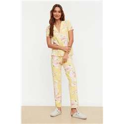 TRENDYOLMİLLA Sarı Çiçek Desenli Pamuklu Gömlek-Pantolon Örme Pijama Takımı THMSS20PT0063
