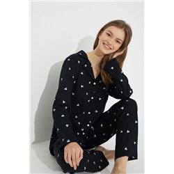 Siyah İnci Siyah Beyaz Kalp Desenli Pamuklu Düğmeli Pijama Takımı 7611
