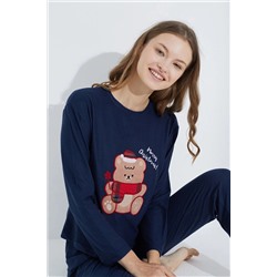 Siyah İnci lacivert ayı nakışlı Jogger Örme Pijama Takım 7703