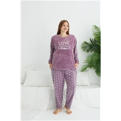 Estiva Kadın Kışlık Kalp Desenli Büyük Beden Polar Pijama Takımı 23371