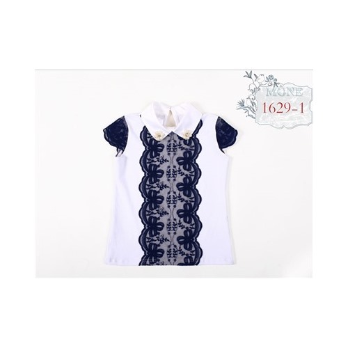 блузка трикотаж, кружева синие, воротник атлас, жемчуг размер 134, 140
