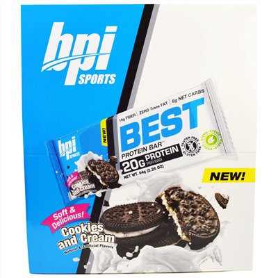 BPI Sports, Лучшие белковые плитки, печенье и сливки, 12 плиток, 2,26 унций (64 г) каждая