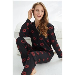 Siyah İnci siyah dudak desenli Pamuklu Düğmeli Pijama Takımı 7685