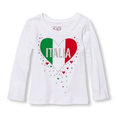 Toddler Girls Long Sleeve Glitter 'Italia' Heart Graphic Tee