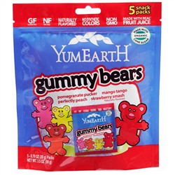 YumEarth, Мишки Гамми, 4 вкуса, 5 упаковок, каждая по 0,7 унции (20 г)