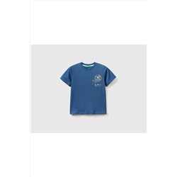 United Colors of BenettonErkek Çocuk Saks Mavi Renkli Slogan Baskılı T-shirt Saks Mavi