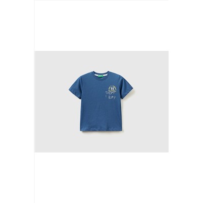 United Colors of BenettonErkek Çocuk Saks Mavi Renkli Slogan Baskılı T-shirt Saks Mavi