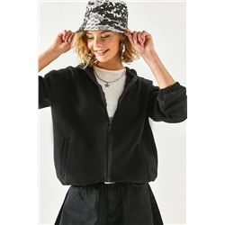 Olalook Kadın Siyah Cepli Kapüşonlu İçi Polarlı Oversize Sweatshirt SWT-19000614