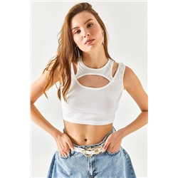 Olalook Kadın Beyaz Cut Out Detaylı Fitilli Crop Bluz BLZ-19002341