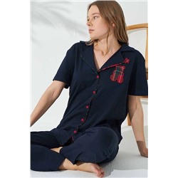 Siyah İnci Lacivert Kısa Kollu Pamuklu Düğmeli Biyeli Nakışlı Pijama Takım 7677