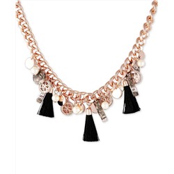 GUESS Rose Gold-Tone Crystal, Tortoise-Look, Imitation Pearl & Tassel Charm Statement Necklace, 18" + 2" extender