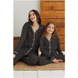 Siyah İnci Pamuklu Likralı Düğmeli Biyeli Pijama Takım 22273138