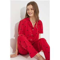 Siyah İnci Kırmızı Kısa Kollu Pamuklu Düğmeli Pijama Takımı 7610