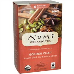 Numi Tea, Органический черный чай, со средним содержанием кофеина, Золотой чай, 18 чайных пакетиков, 1,65 унции (46,8 г)