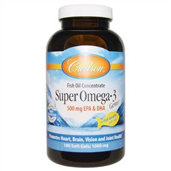 Carlson Labs, Супер драгоценные камни Омега•3, концентрат рыбьего жира, 1000 мг, 180 мягких желатиновых таблеток