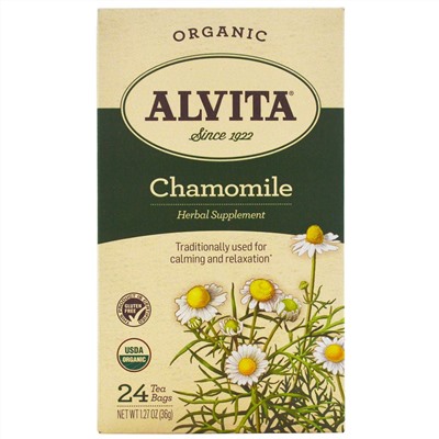 Alvita Teas, Органический чай с ромашкой, без кофеина, 24 чайных пакетика, 1,27 унции (36 г)