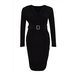 Trendyol Curve Siyah Kemer Detaylı Örme Şık Abiye Elbise TBBAW24EL00001
