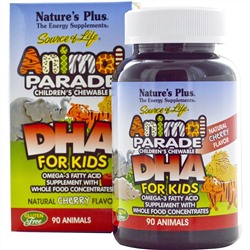 Nature's Plus, Источник жизни, DHA для детей, детские жевательные конфеты "Шествие животных", с натуральным вишневым вкусом, 90 штук