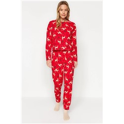 TRENDYOLMİLLA Kırmızı %100 Pamuk Yılbaşı Temalı Tshirt-Pantolon Örme Pijama Takımı THMAW21PT0771