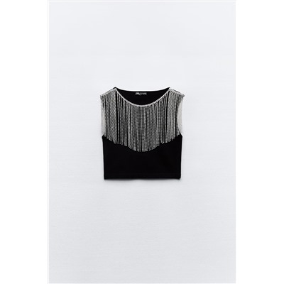 SEAMLESS CROP TOP WITH FRINGING AND RHINESTONES