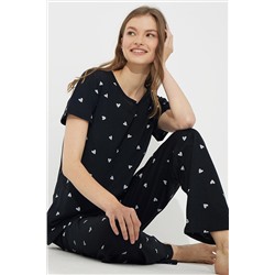 Siyah İnci Siyah Beyaz Kalp Desenli Kısa Kollu Pamuklu Pijama Takımı 7612