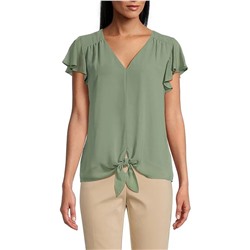 Investments Petite Size V-Neck Short Flutter Sleeve Tie Front Woven Top