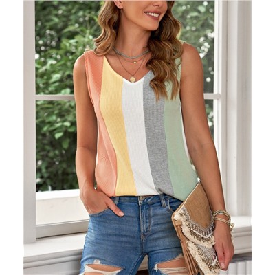 Zesica | Sage & Yellow Color Block Waffle-Knit V-Neck Tank - Women