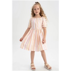 Defacto Kız Çocuk Çizgili Pamuklu Keten Görünümlü Kısa Kollu Elbise W7755A622SM