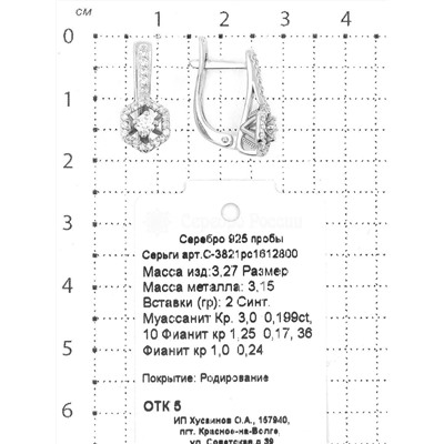 Серьги из серебра с синт. муассанитами и фианитами родированные 925 пробы С-3821рс1612800