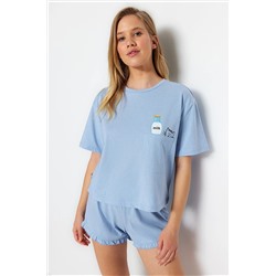 TRENDYOLMİLLA Mavi Baskılı T-shirt-Şort Örme Pijama Takımı THMSS22PT0422