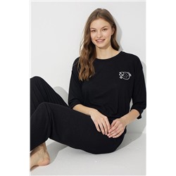 Siyah İnci Siyah Soft Touch Ince Örme Nakışlı Pijama Takım 7626
