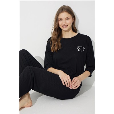 Siyah İnci Siyah Soft Touch Ince Örme Nakışlı Pijama Takım 7626